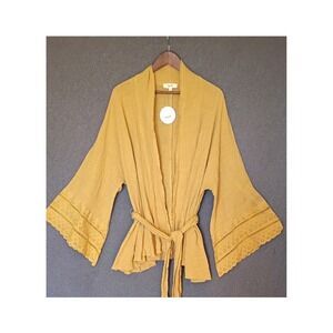 Mustard Yellow Bell Sleeve Kimono Wrap Top Cotton Eyelet Lace Trim NEW Size L